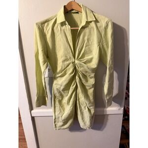 ZARA Lime Green Twist Front Long Sleeve Button Shirt Dress Mini Size S